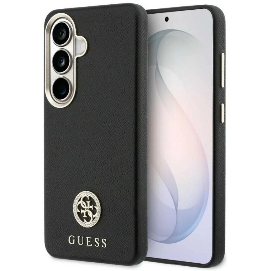 Guess „MagSafe“ -kotelo „Samsung Galaxy S26+“:lle, jossa on pyöreä musta zirkonia-kivi ja pyöreä logo