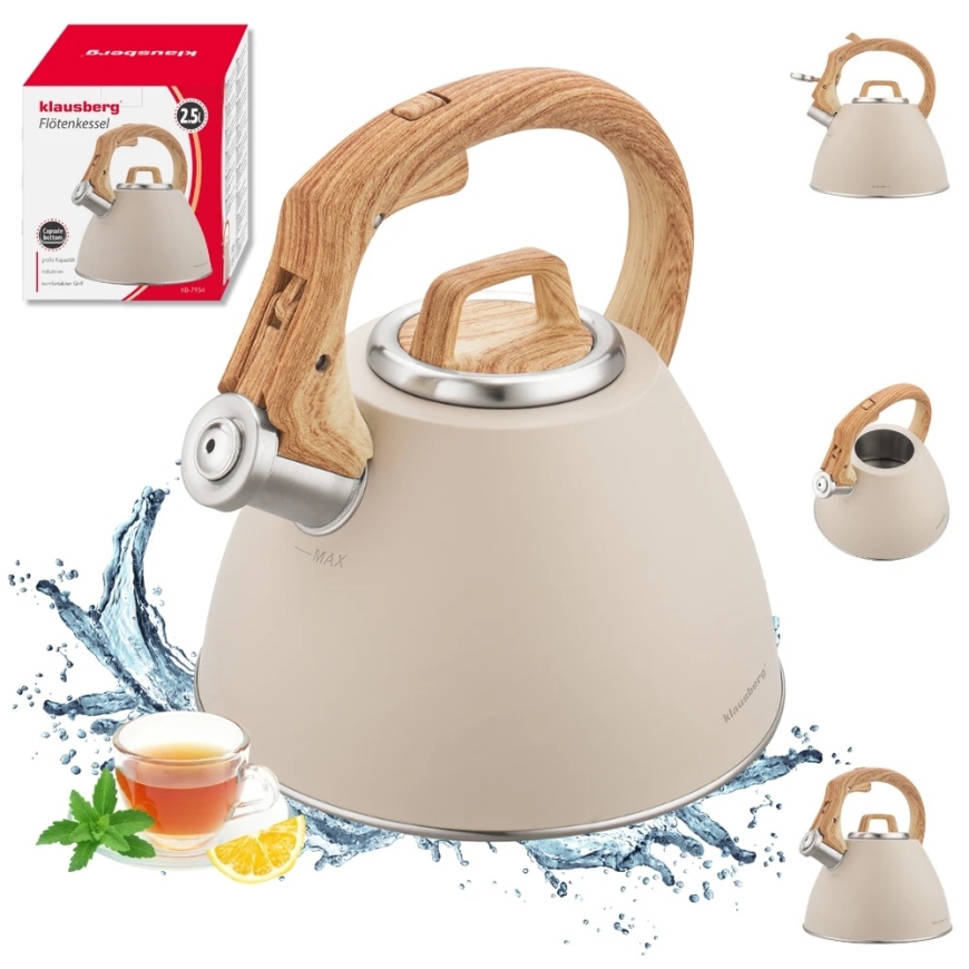 Virdulys, 2,5 l smėlio spalvos plieno virdulys su medžio imitacijos rankena, Klausberg kb-7954 – 3