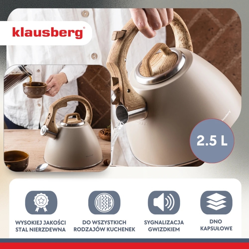 Kettle, 2.5 l sand-colored steel kettle with wood imitation handle, Klausberg kb-7954 – 5
