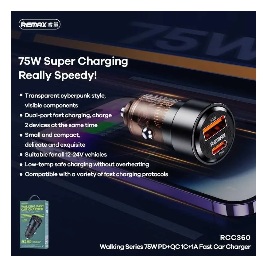 Remax RCC360 PD/QC 75W A+C fast car charger – 4