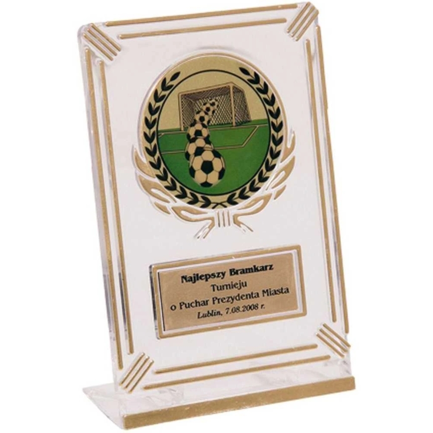 Tryumf Plastmasas trofeja – Caurspīdīga – Zelta ar vietu 50 mm uzlīmei un 50 mm x 20 mm T-M plāksnei