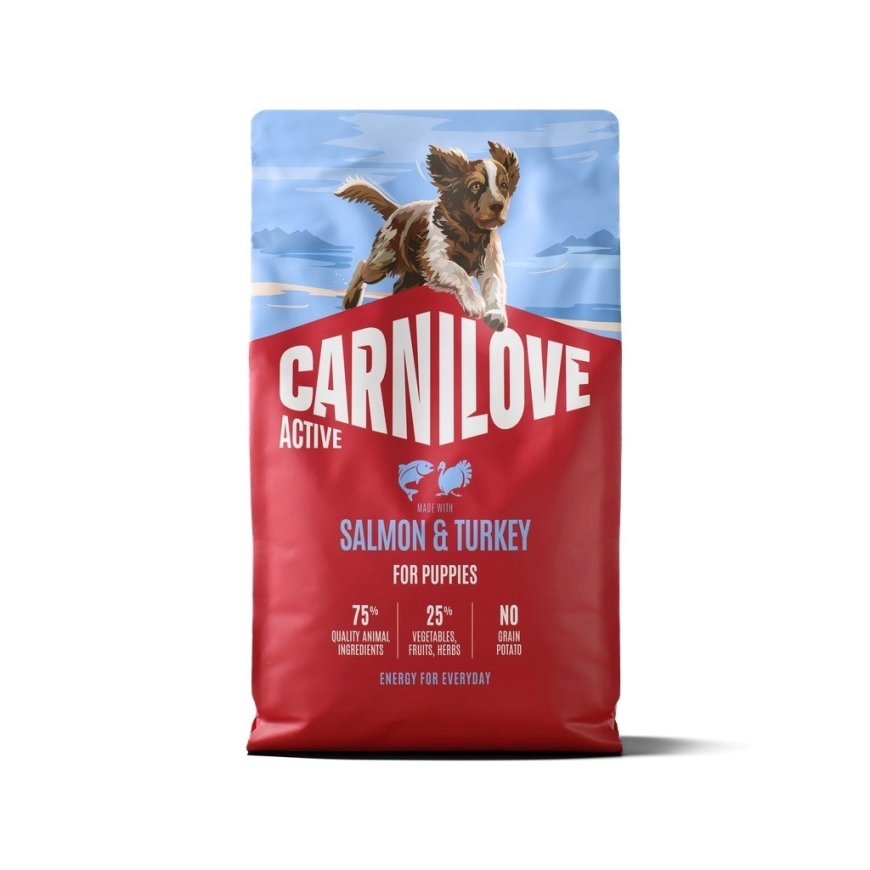 CARNILOVE Aktīvā Suņu Kucēni Lasis un Tītars - sausās suņu barības - 4kg