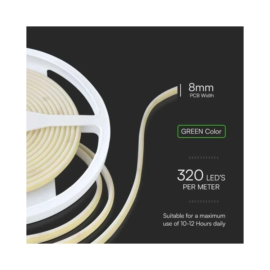 V-tac 10W/m LED COB-nauha, 320LED/m, 24V, vihreä valon väri, IP67, 5 metrin rulla – 2