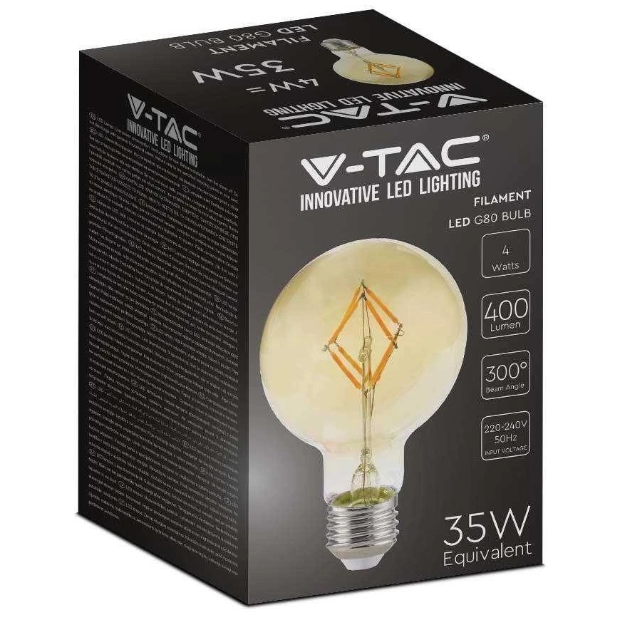 V-tac 4W LED filament bulb, E27, G80, amber color, 2200K – 3
