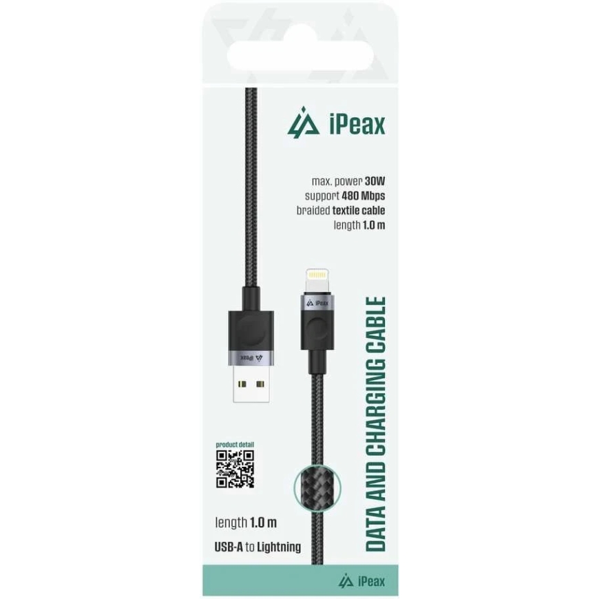 iPEAX USB-A uz Lightning auduma kabelis, 1 m, USB 2.0, melns