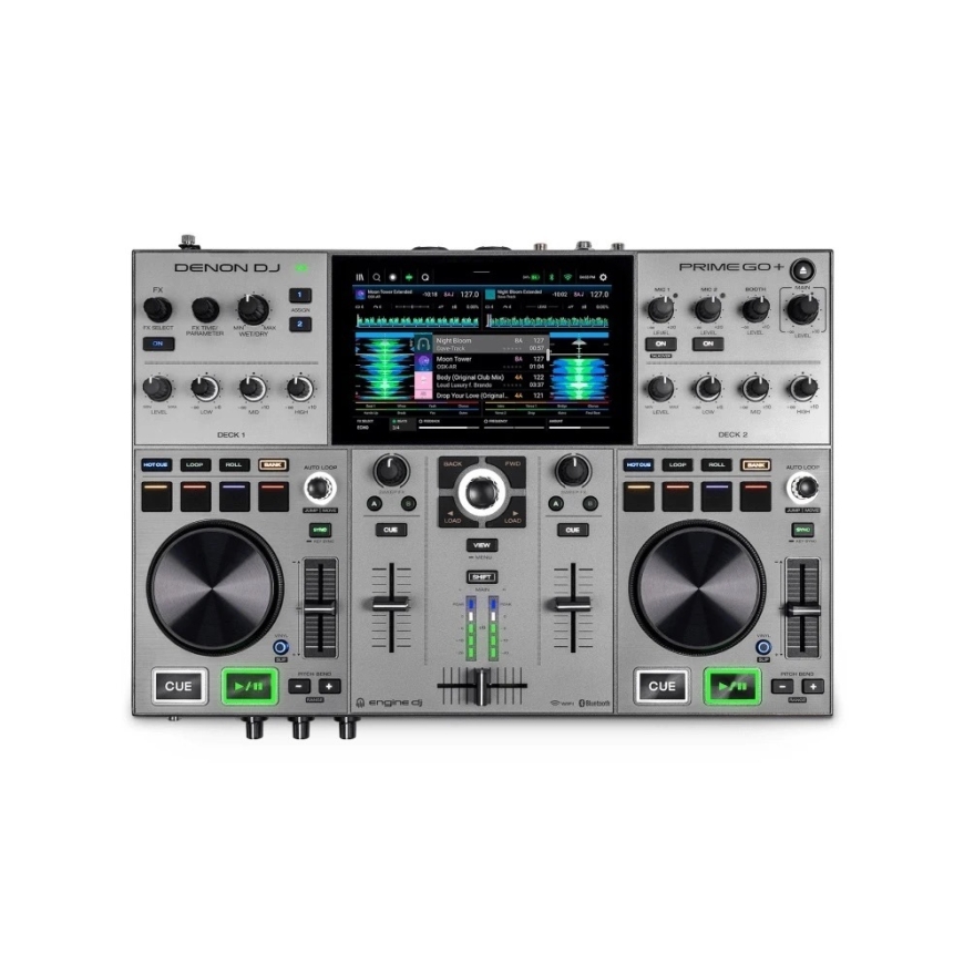 Denon DJ PRIME GO + battery-powered standalone DJ system with WiFi streaming capabilities.