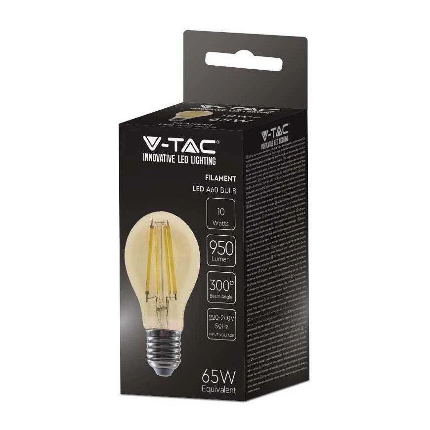 V-tac 10W LED filament bulb, E27, A60, 2200K, amber color. – 3