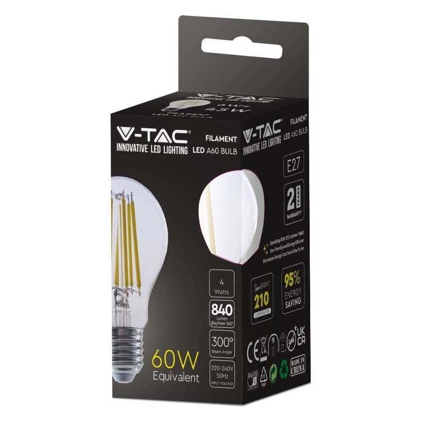 V-tac 4W LED filament bulb, E27, A60, 3000K – 2