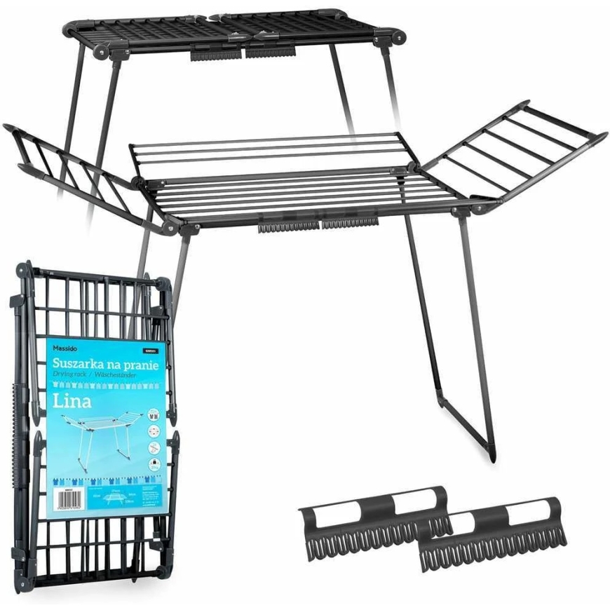 Massido Folding Clothes Dryer, Freestanding Clothes Drying Rack, 22 Meter Line, Black Metal Clothes Dryer, Space-Saving Laundry – 2