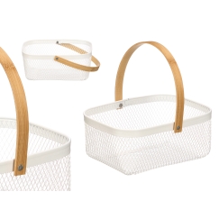 Rectangular Basket with Bamboo Handle, White, 10.7 × 26.5 × 19 c