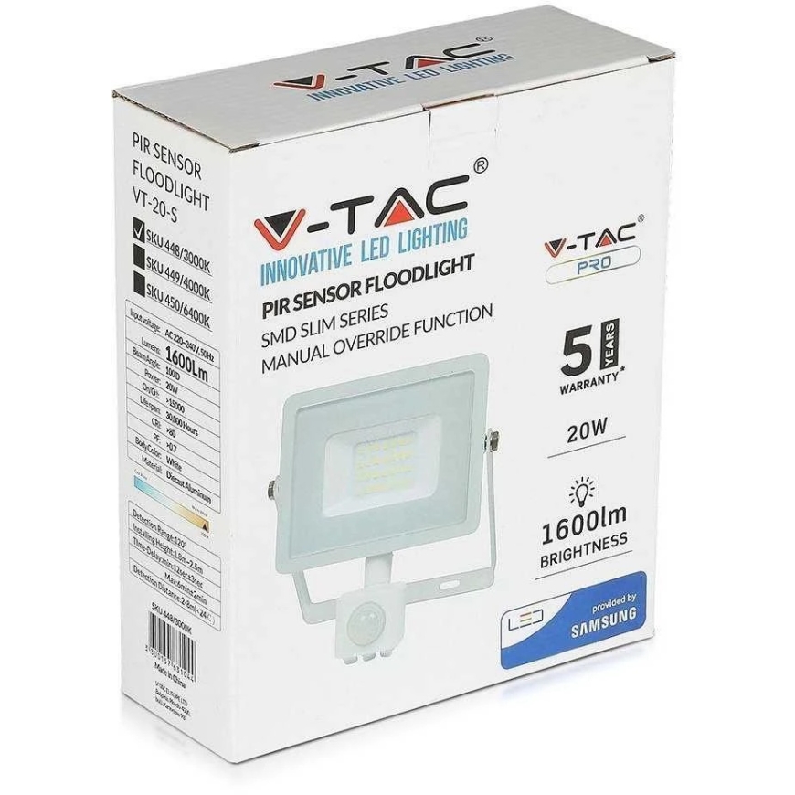 20W LED projektor, 3000K, liikumisensoriga, valge korpus, SAMSUNG LED kiip – 5