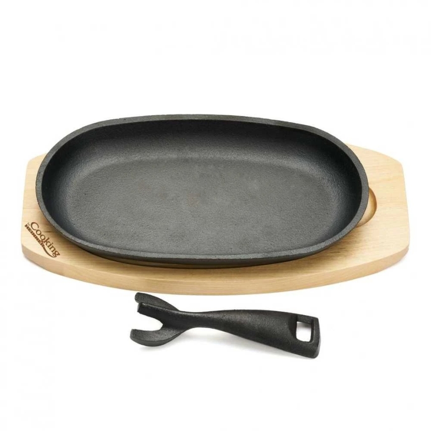 OVAL SERVING PLATTER, 24X14 CM, PURE CAST IRON, WITH REMOVABLE HANDLES AND WOODEN BASE, "COOKING BY HEINNER" – 2
