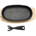 OVAL SERVING PLATTER, 24X14 CM, PURE CAST IRON, WITH REMOVABLE HANDLES AND WOODEN BASE, "COOKING BY HEINNER"