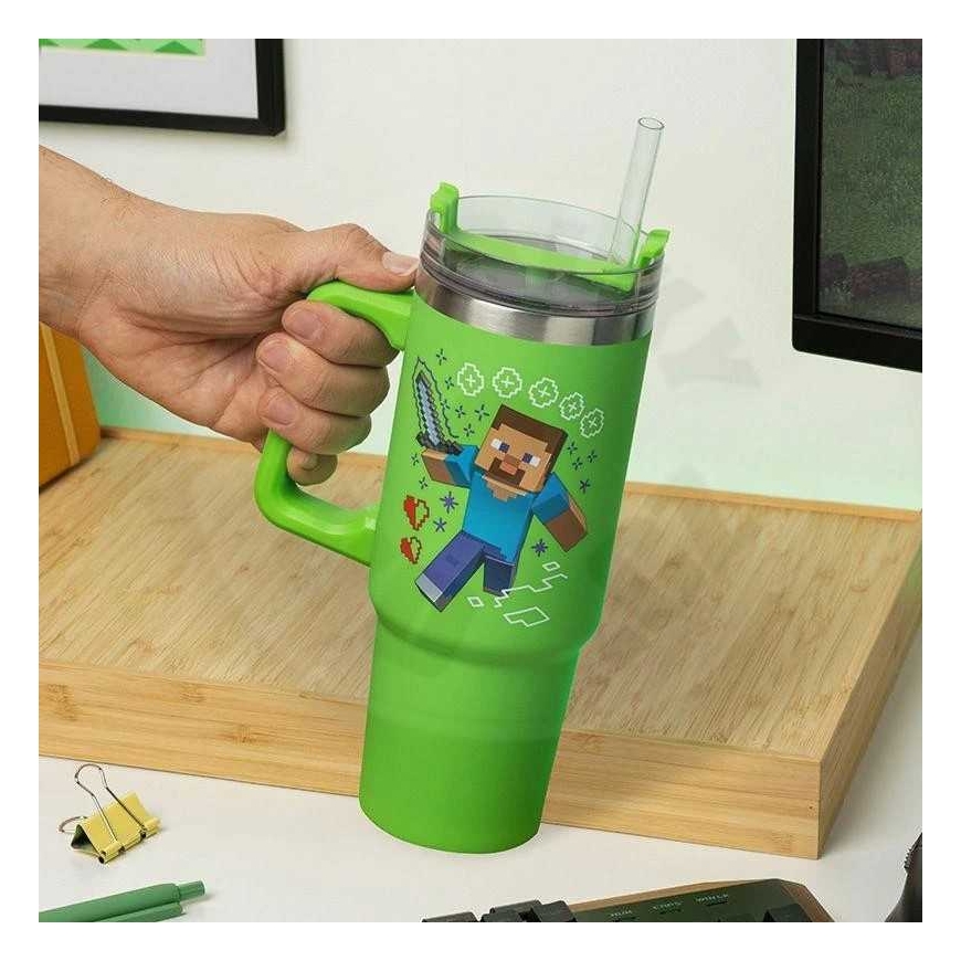 Paladone Minecraft žalias 900 ml izoliuotas puodelis ir šiaudelis – 5