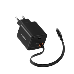 FoneKit GaN PD 65W USB-C charger with retractable cable, black