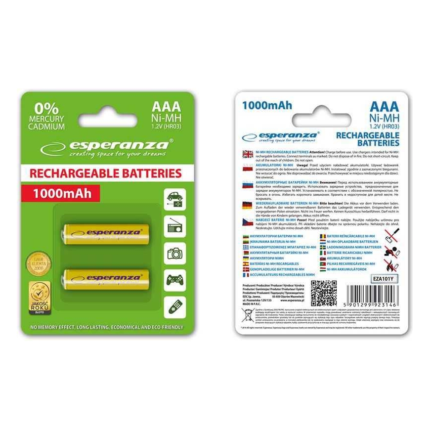 Esperanza Lādējamas Dzeltenās AAA / R03 1000mAh 2 iepakojumā – 2