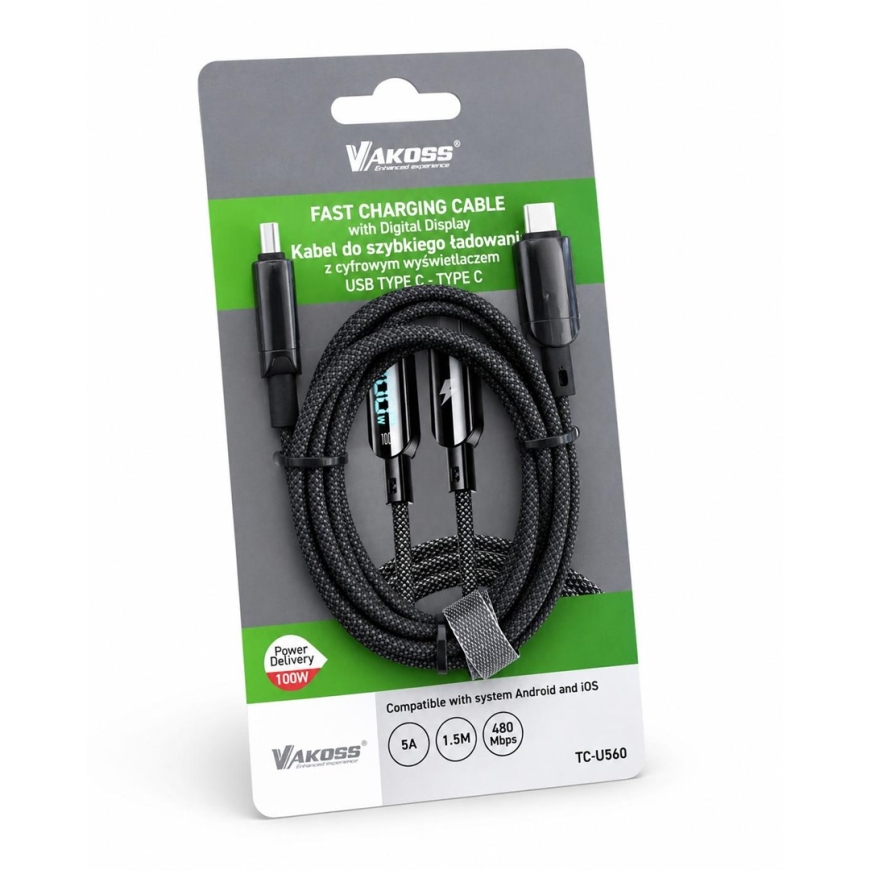 Vakoss TC-U560 USB-C į USB-C kabelis su skaitmeniniu ekranu, 100 W, 1,5 m, juodas – 2