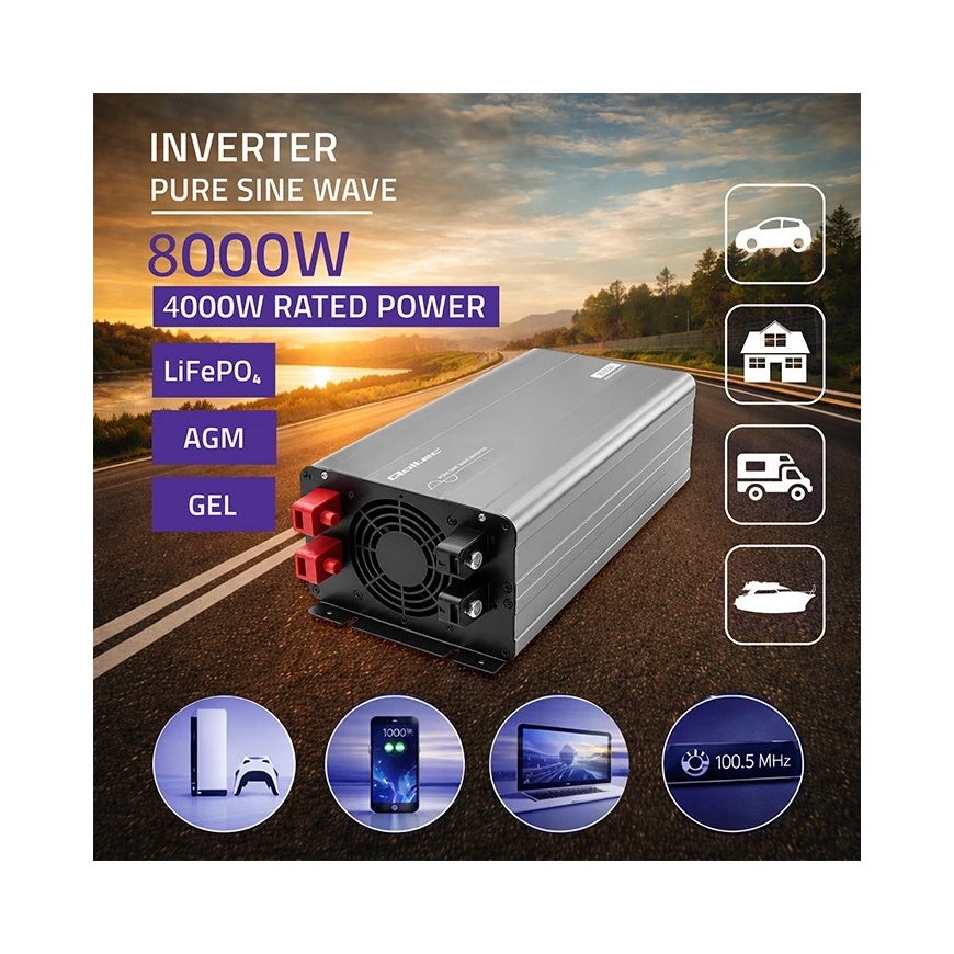 Qoltec Pure Sine Wave | 12V na 230V | 4000/8000W – 3