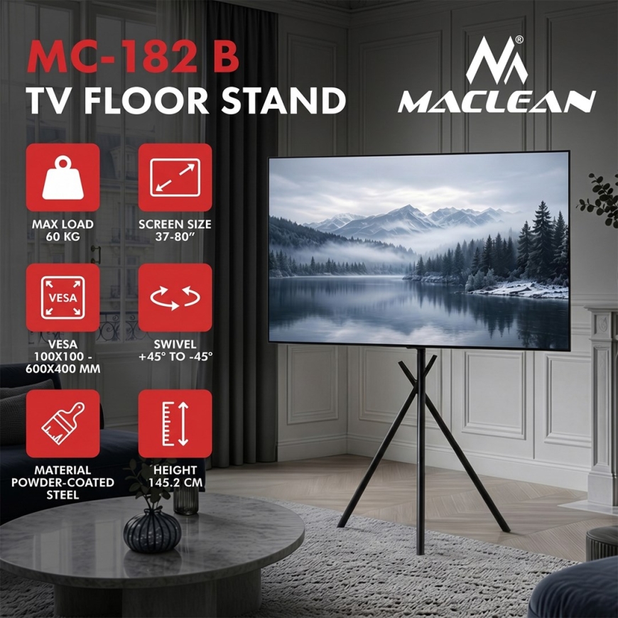 Maclean TV grīdas statīvs/montāža, 37–80", maksimālais VESA 600x400, maksimāli 60 kg, MC-182 B – 2