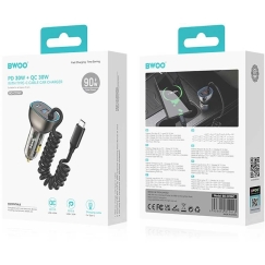 Bwoo Car Charger (CC96C) (1xUSB, 1xUSB-C 30W) with USB-C Cable Black
