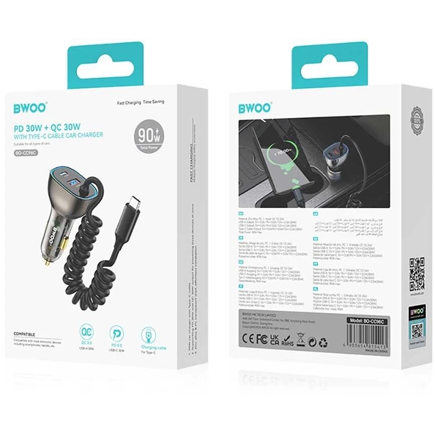 Bwoo automašīnas lādētājs (CC96C) (1xUSB, 1xUSB-C 30W) ar USB-C vadu melns