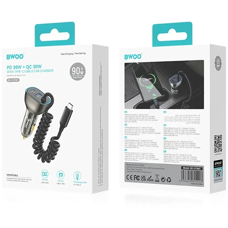 Bwoo automašīnas lādētājs (CC96C) (1xUSB, 1xUSB-C 30W) ar USB-C vadu melns – 3