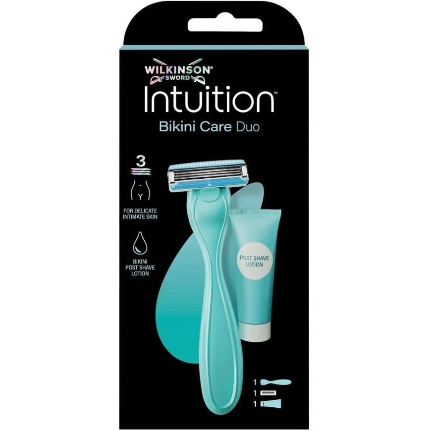 Wilkinson Sword „Wilkinson Intuition Bikini Care Duo“ skustuvas su 3 ašmenimis ir raminančiu balzamu po skutimosi, 40 ml – 2
