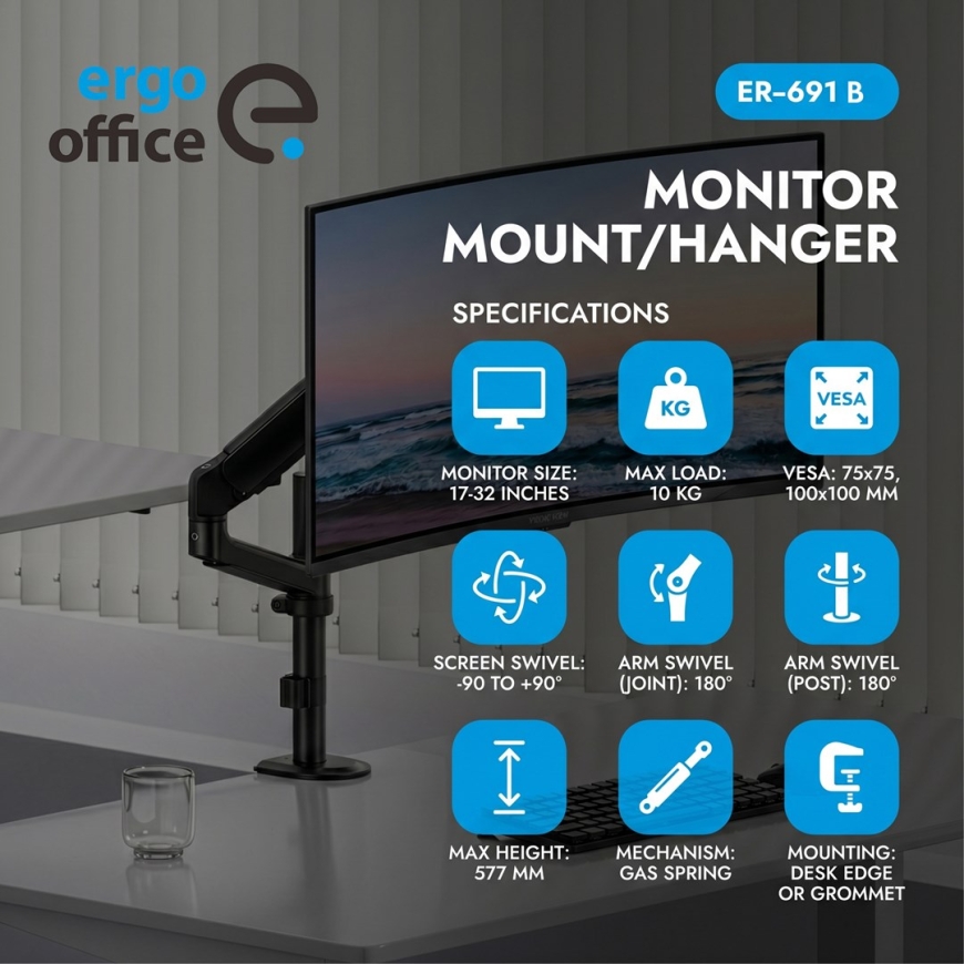 Ergo Office monitorių tvirtinimas/kabo, dujų spyruoklė, 17"-32", 1-10 kg, matinė juoda, max. VESA 100x100, ER-691 B – 2