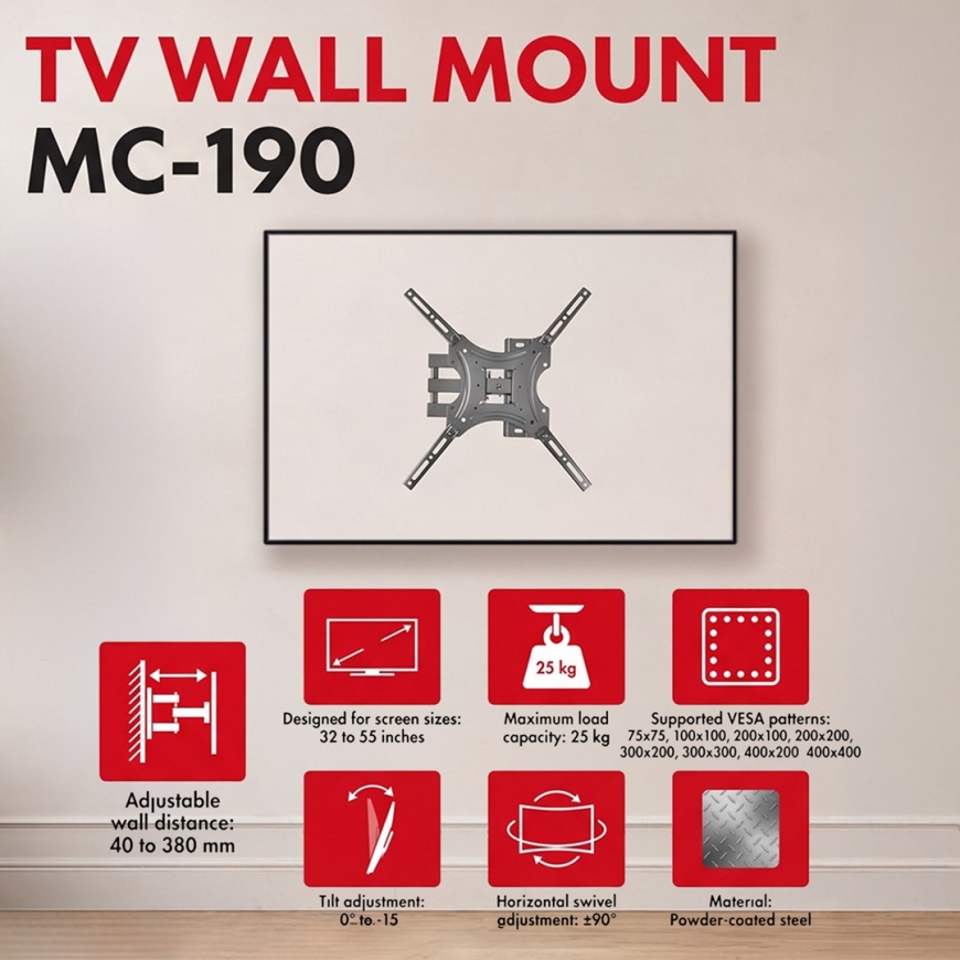 Maclean TV stiprinājums / kronšteins, maksimālais VESA 400x400, 32-55", līdz 25 kg, melns, noliekšanas regulēšana 0°–15° un pagr – 3