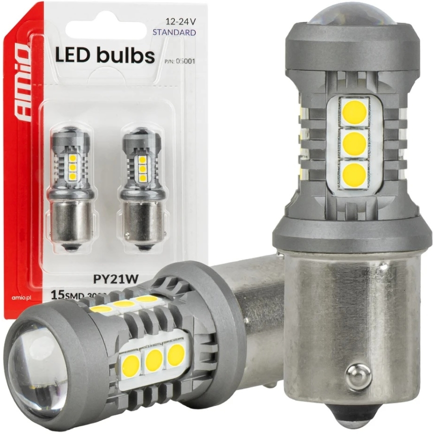 Стандартные светодиодные лампы BAU15S PY21W 3030 15SMD белые 12V 24V AMIO-05001