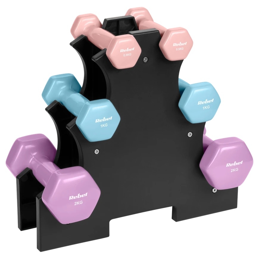 HEX cast iron vinyl dumbbell set 7kg with stand (2x0.5kg + 2x1 kg + 2x2 kg), REBEL ACTIVE