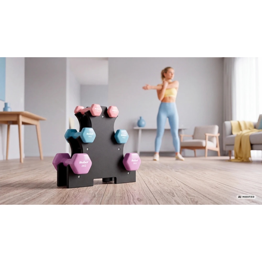 HEX čuguna vinila hanteli komplekts 7kg ar statīvu (2x0.5kg + 2x1 kg + 2x2 kg), REBEL ACTIVE – 5