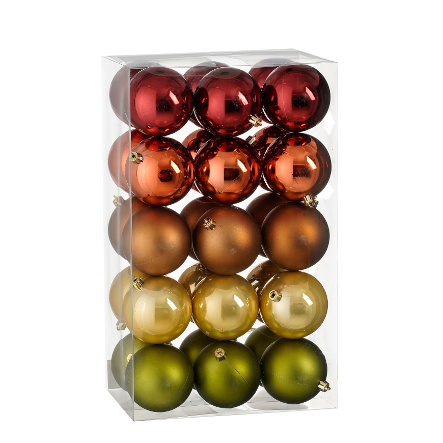 Mica shatterproof Christmas tree decoration set 30 pieces, gold-caramel, 8 cm