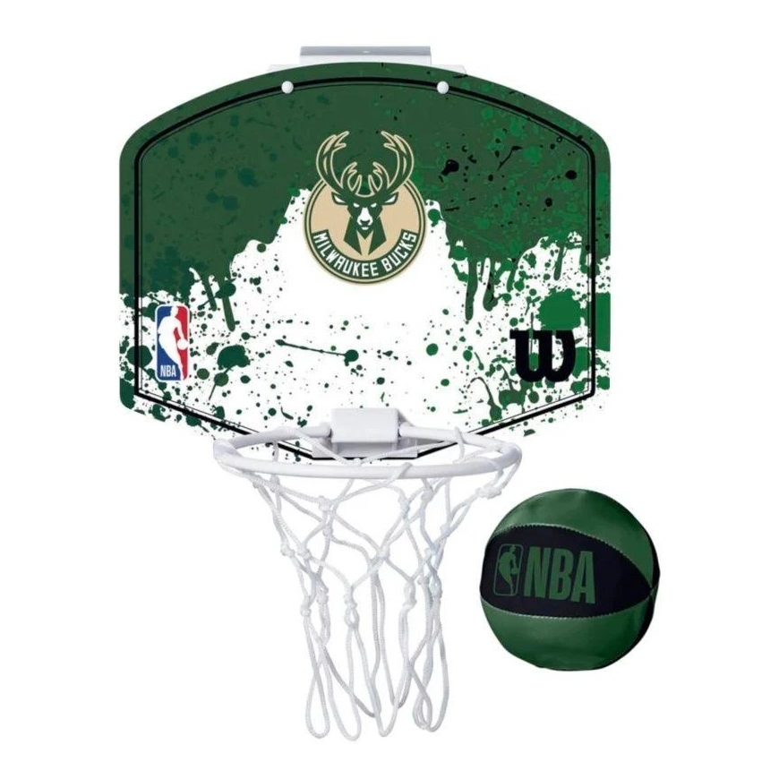 Mažojo krepšinio krepšys su skydu Milwaukee Bucks Wilson 29x29cm/Ø10cm komplekte kamuolys – 2