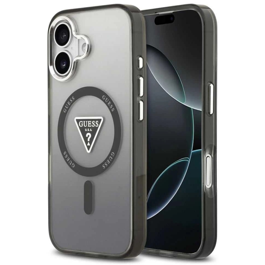 GUESS-kuori IPHONE 17:lle, yhteensopiva MagSafen kanssa GUHMP17SHGTMLCGK (IML-gradientti kolmiologgolla), musta