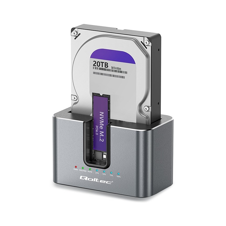 Qoltec 52631 HDD SSD dokas stotis | SATA | M.2 NVMe | klonavimas | USB-C | 10 Gb/s | 28TB
