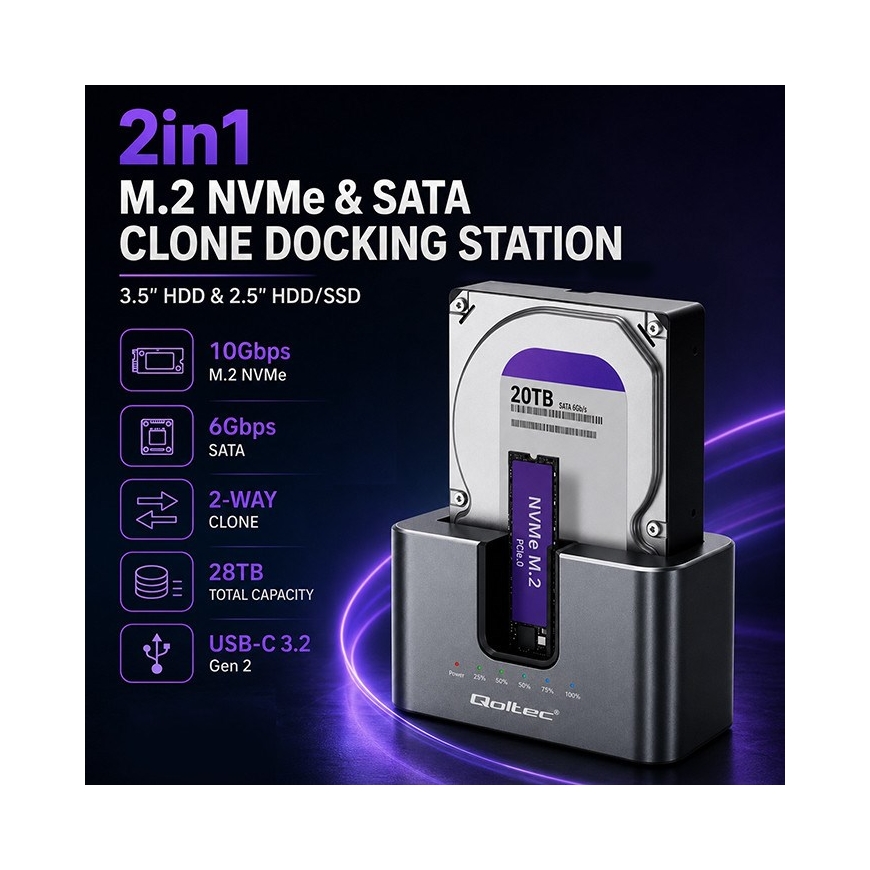 Qoltec 52631 HDD SSD doscking station | SATA | M.2 NVMe | cloning | USB-C | 10Gb/s | 28TB – 2