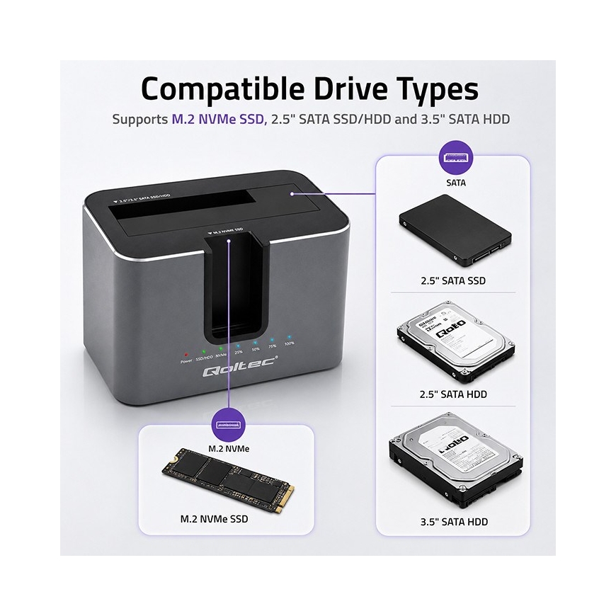 Qoltec 52631 HDD SSD telakotel | SATA | M.2 NVMe | kloonaus | USB-C | 10 Gt/s | 28TB – 3