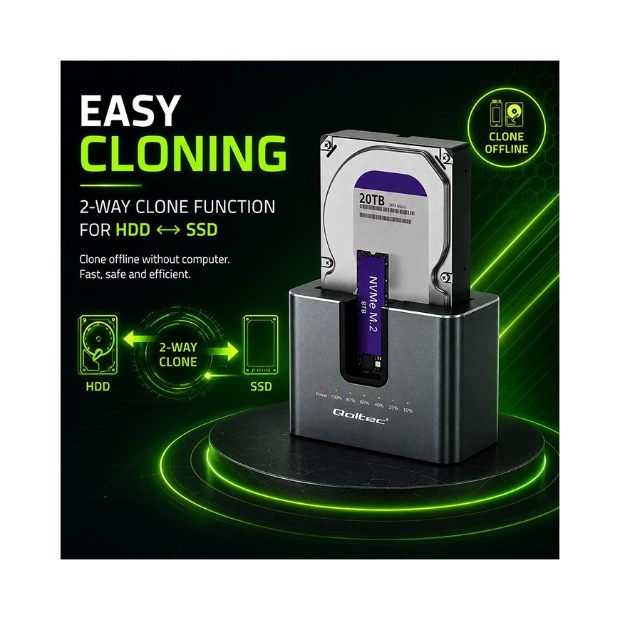 Qoltec 52631 HDD SSD dokstacija | SATA | M.2 NVMe | kloņošana | USB-C | 10 Gb/s | 28TB – 5
