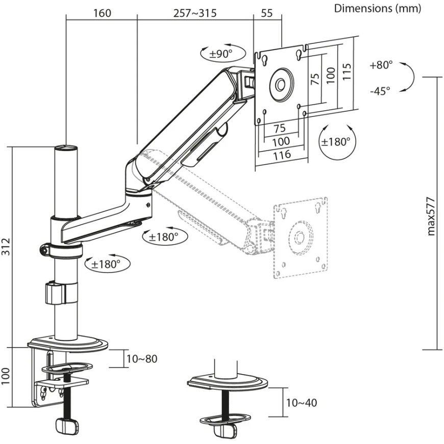 Ergo Office -monitoriteline/riipus, kaasijousi, 17"-32", 1-10kg, matt valkoinen, max. VESA 100x100, ER-691 W – 4