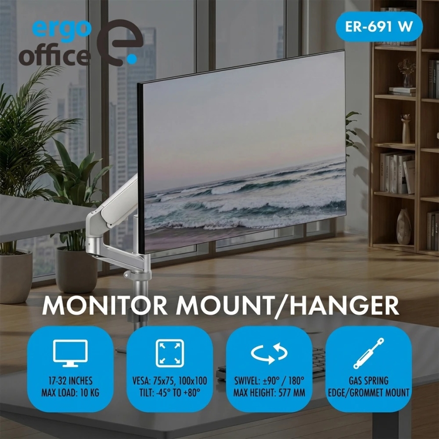 Держатель/кронштейн для монитора Ergo Office, газовая пружина, 17"-32", 1-10кг, матовый белый, макс. VESA 100x100, ER-691 W – 5