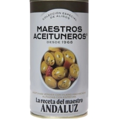 Zaļās olīvas MAESTROS ACEITUNEROS, Andalūzijas stilā, ar pipariem, ķiplokiem, 350/185 g