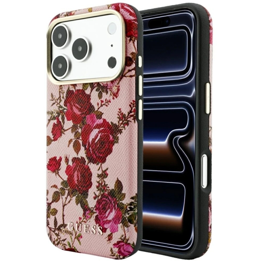 Чехол Guess Blossom Roses Print MagSafe для iPhone 18 Pro Max / 17 Pro Max розовый