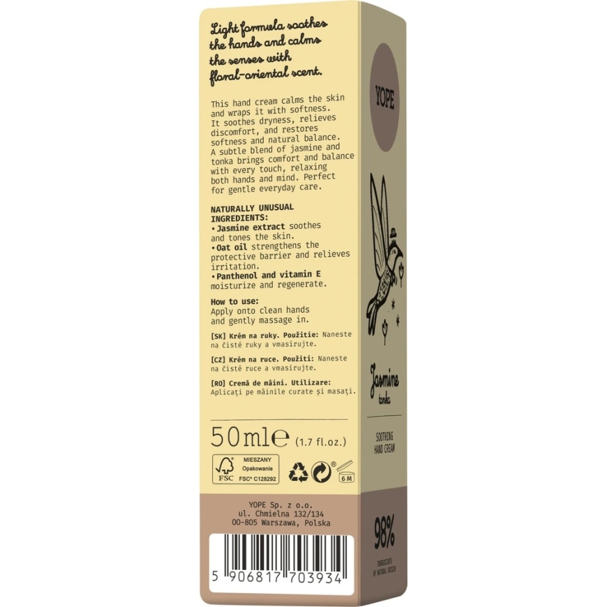 Yope Naturaalne rahustav kätekreem jasmiiniga ja tonka ubadega, 50 ml – 3