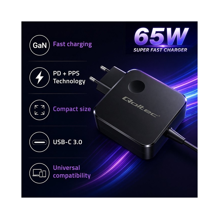 Qoltec 51778 GaN 65W laadija | 5-21V | 3-3.25A | USB-C PD PPS – 2