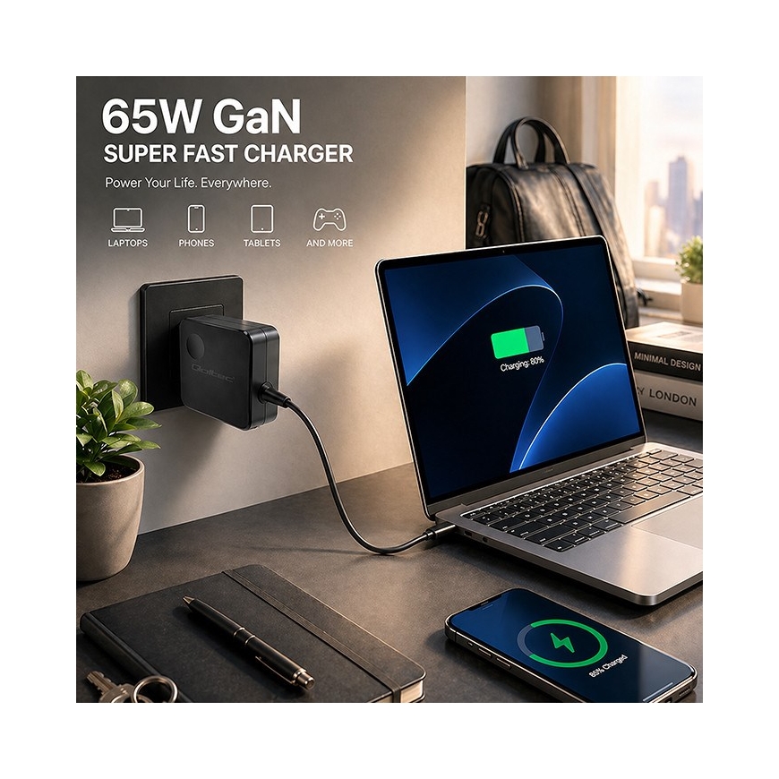 Qoltec 51778 GaN 65W lādētājs | 5-21V | 3-3.25A | USB-C PD PPS – 3