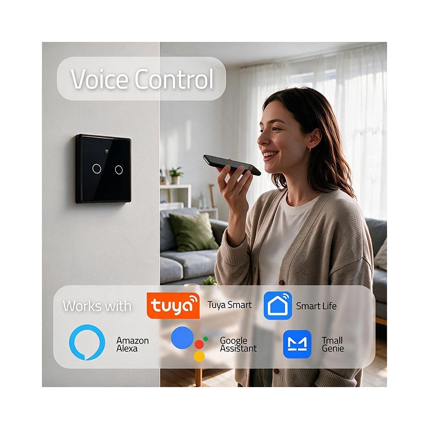 Qoltec 52712 Nutikas puutetundlik 2-kanaline valguslüliti | Wi-Fi | Taimer | Tuya | Smart Life | Karastatud klaas | Must – 4