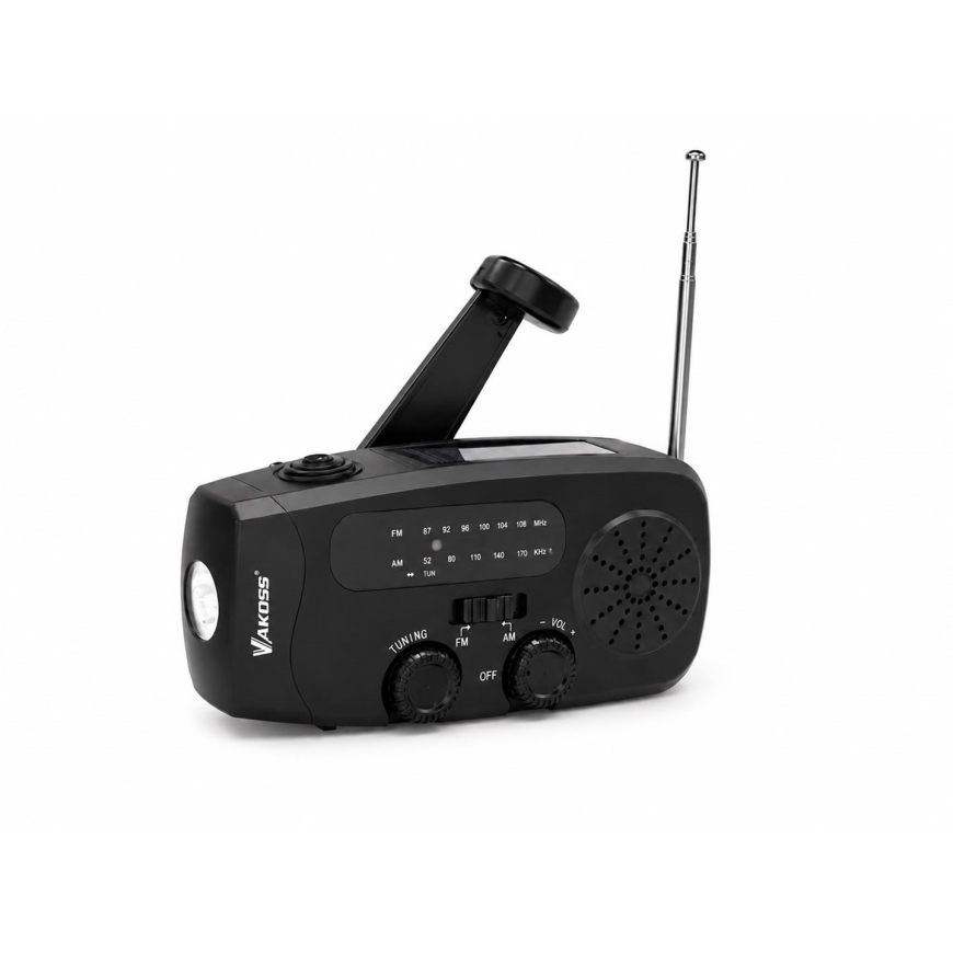 Vakoss FM-3660K FM/AM hädaolukorra raadio dynaamo / taskulamp / Power Bank / päikesepaneeliga