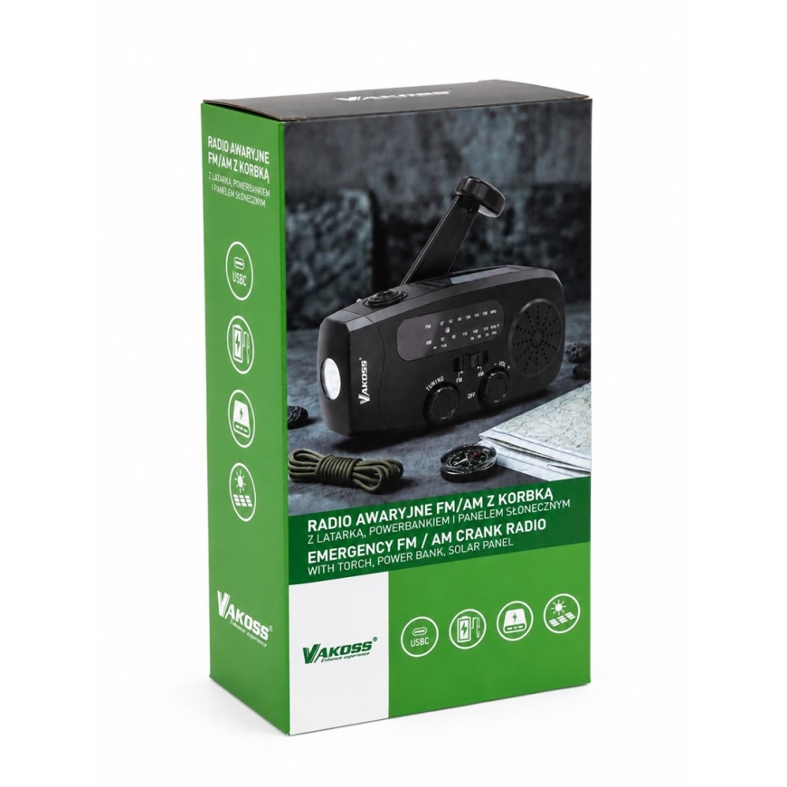 Vakoss FM-3660K FM/AM hädaolukorra raadio dynaamo / taskulamp / Power Bank / päikesepaneeliga – 2