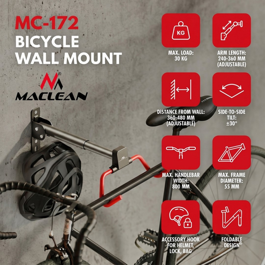 Maclean Horizontal Wall-Mounted Bike Rack, Steel, Max. Load 30 kg, Adjustable Angle, MC-172 – 2